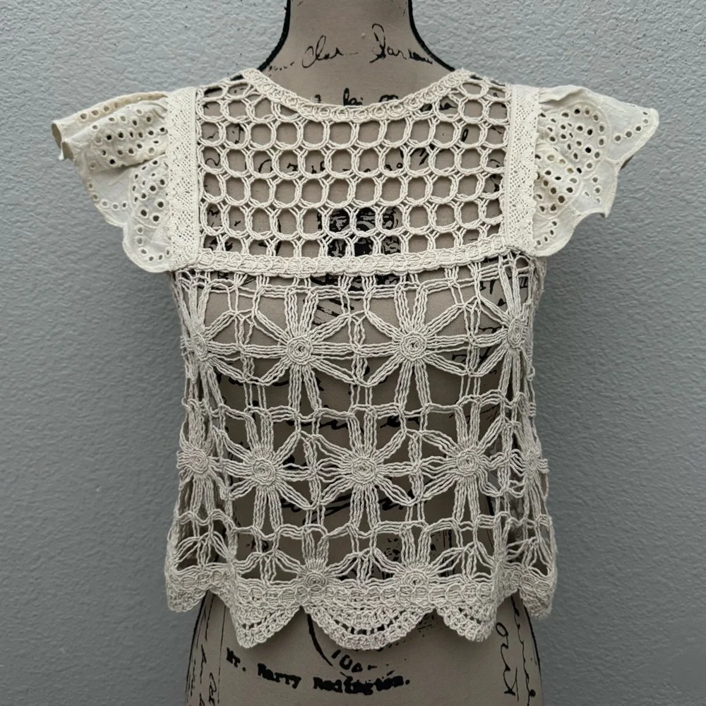 Altar'd State Crochet Open Knit Boho Crop Top Beige Size Small